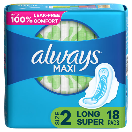 Always Maxi Daytime Pads with Wings, Size 2, Long, Unscented, 18 CT