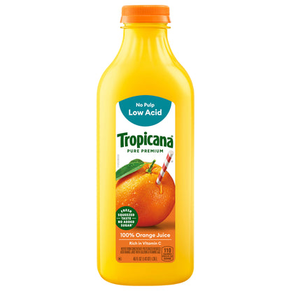 Tropicana Pure Premium Low Acid No Pulp Orange Fruit Juice, 46 Fl Oz Bottle
