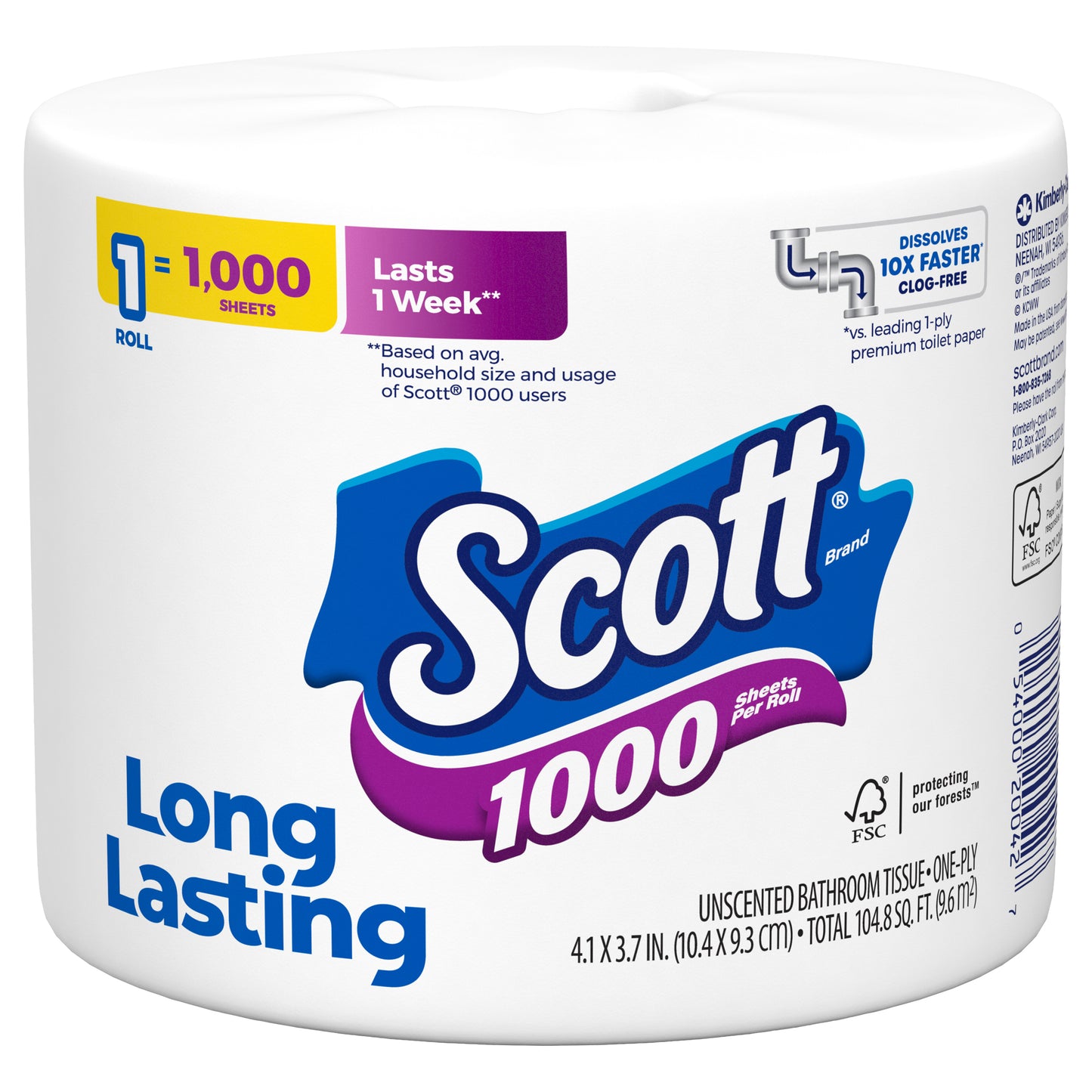 Scott 1000 Toilet Paper, 1 Roll, Septic-Safe, 1-Ply Toilet Tissue